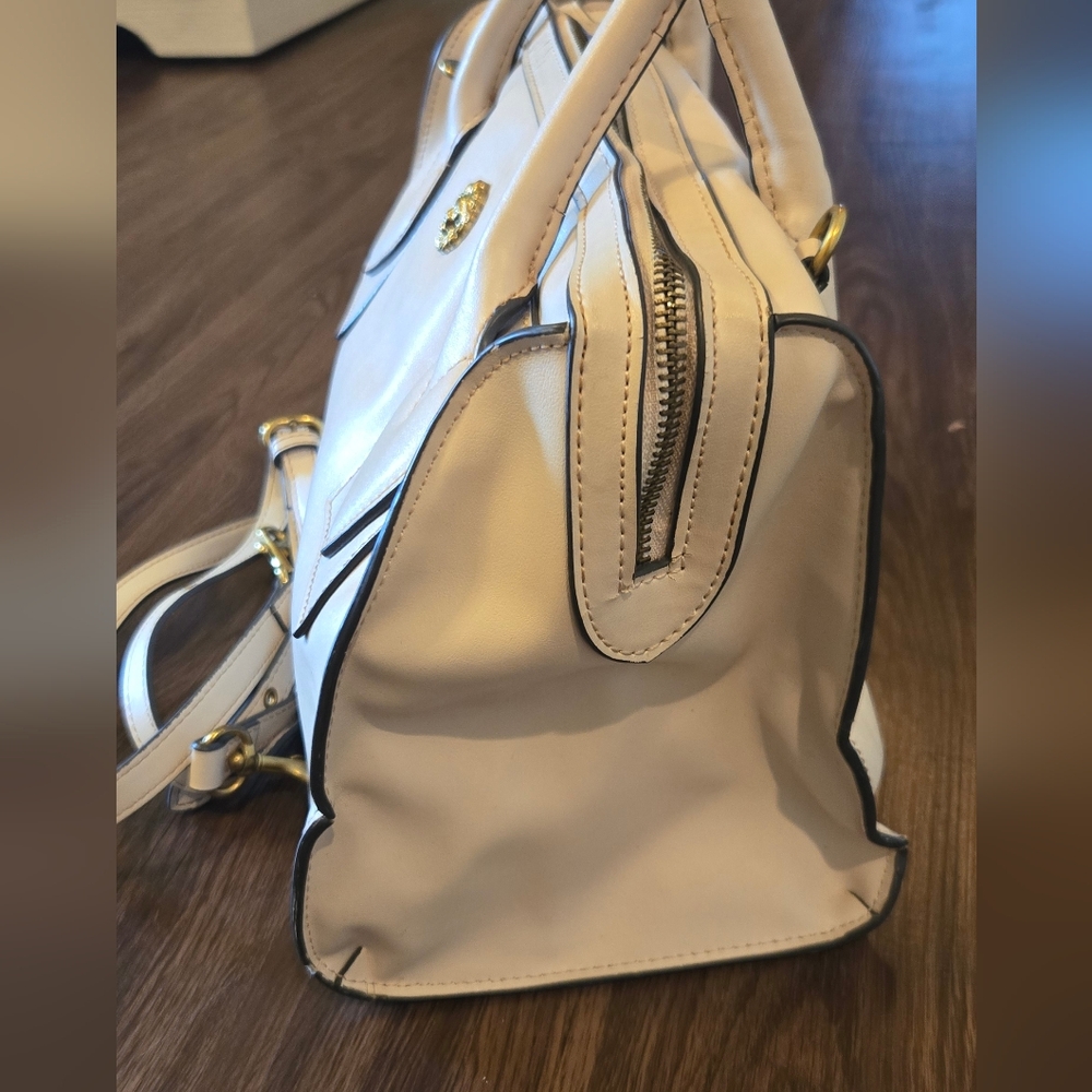 Anne Klein Cream Leather Satchel Bag Gold Logo Charm Top Handle Crossbody Strap - Picture 4 of 10